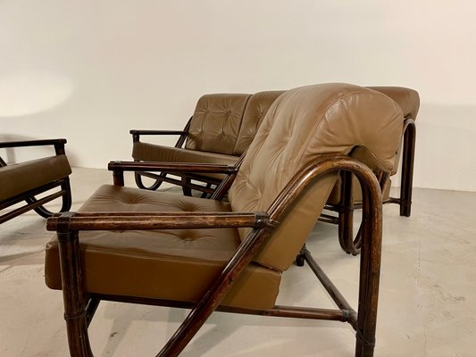 Bamboo Sofa and 2 Armchairs Set, 1970s, Set of 3-WID-1134286