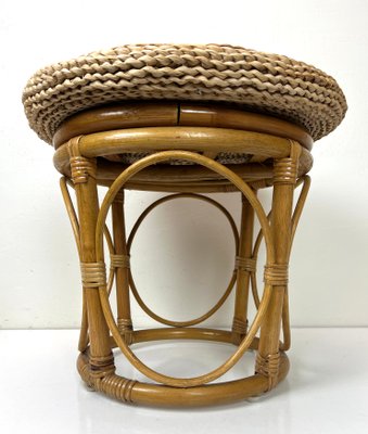 Bamboo Stool with Straw Pillow, 1970s-WZZ-1437890