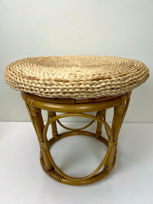 Bamboo Stool with Straw Pillow, 1970s-WZZ-1437890