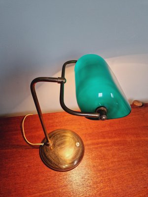 Bankers Lamp in Brass and Green Opaline, 1930s-FAX-2035566