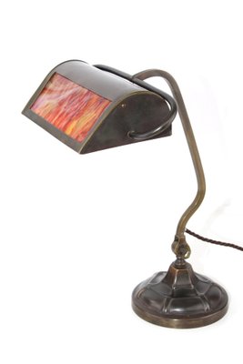 Bankers Lamp in Brass with Colored Glass Insert, 1920s-ZWH-1787533