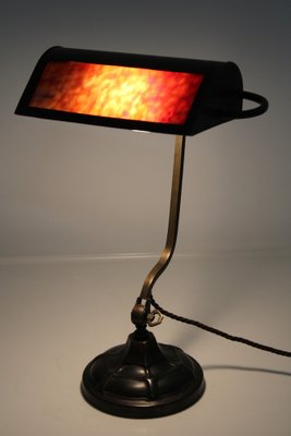 Bankers Lamp in Brass with Colored Glass Insert, 1920s-ZWH-1787533