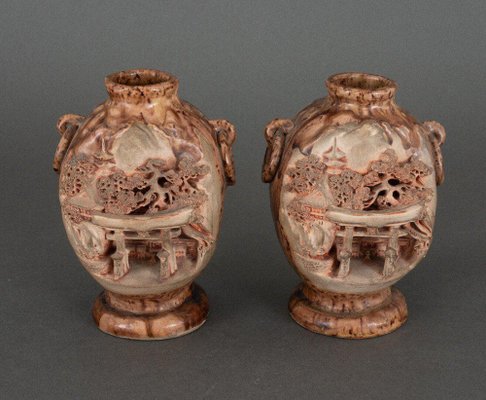 Banko Ware Vases from China in Ceramic with Temple and Pagoda Decor, Set of 2-QKG-1745358