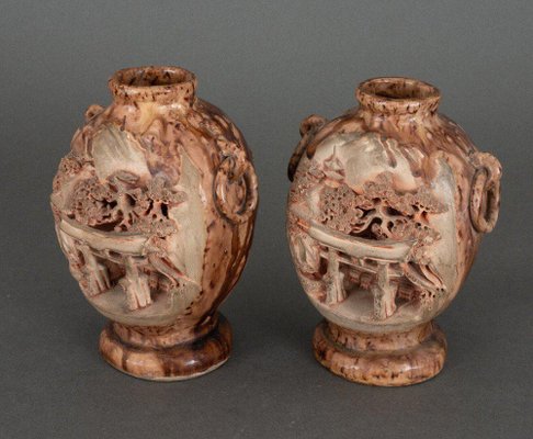 Banko Ware Vases from China in Ceramic with Temple and Pagoda Decor, Set of 2-QKG-1745358