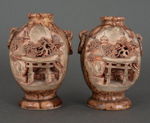 Banko Ware Vases from China in Ceramic with Temple and Pagoda Decor, Set of 2-QKG-1745358