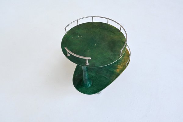 Bar Cart Trolley in Green Goatskin by Aldo Tura, Italy, 1950s-BXV-2023416