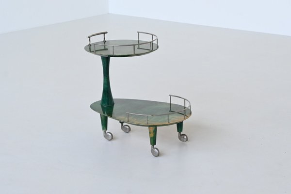 Bar Cart Trolley in Green Goatskin by Aldo Tura, Italy, 1950s-BXV-2023416