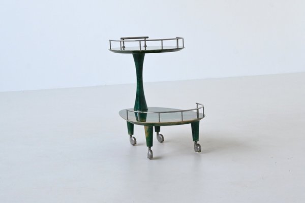 Bar Cart Trolley in Green Goatskin by Aldo Tura, Italy, 1950s-BXV-2023416