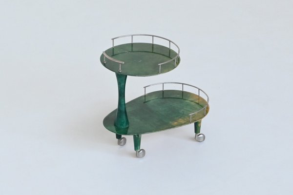 Bar Cart Trolley in Green Goatskin by Aldo Tura, Italy, 1950s-BXV-2023416