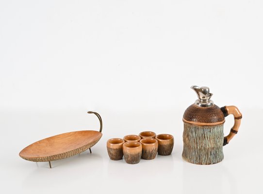 Bar Set in Carved Wood and Brass by Aldo Tura for Macabo, Italy, 1950s, Set of 8-JDR-1803445