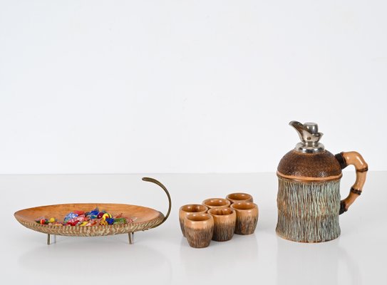 Bar Set in Carved Wood and Brass by Aldo Tura for Macabo, Italy, 1950s, Set of 8-JDR-1803445