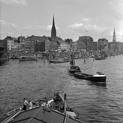 Barges Boats at Hamburg Harbor to St. Nicholas Church Germany 1938 Printed 2021-DYV-992046