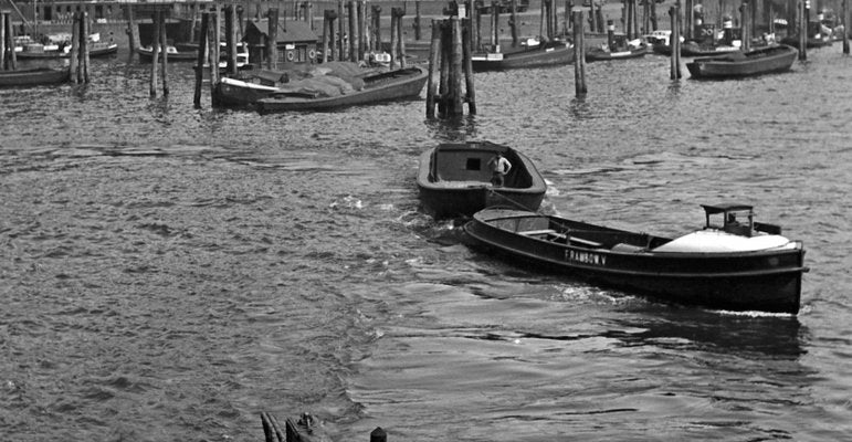 Barges Boats at Hamburg Harbor to St. Nicholas Church Germany 1938 Printed 2021-DYV-992046