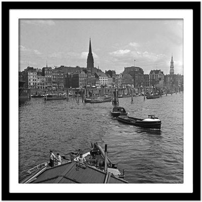 Barges Boats at Hamburg Harbor to St. Nicholas Church Germany 1938 Printed 2021-DYV-992046