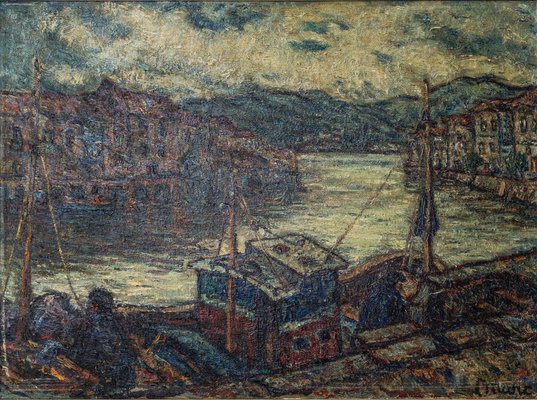 Barges in a Port, 1960s, Oil on Canvas-AOI-1731722