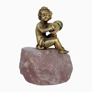 Baroque Statue of Silver Cherub on Rose Quartz-RCE-1230467