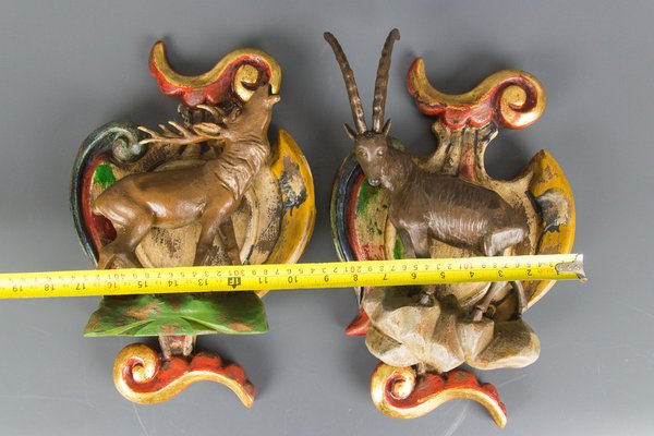 Baroque Style Carved Wood Wall Decorations with Deer and Ibex Figures, Set of 2-KEG-1086489