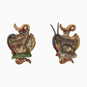 Baroque Style Carved Wood Wall Decorations with Deer and Ibex Figures, Set of 2-KEG-1086489