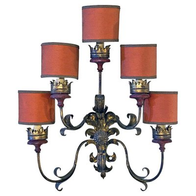 Baroque Style Italian Wall Lamp with Five Arms with Red Lampshades, 1950s-GDD-1097220