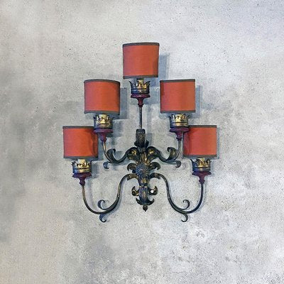 Baroque Style Italian Wall Lamp with Five Arms with Red Lampshades, 1950s-GDD-1097220