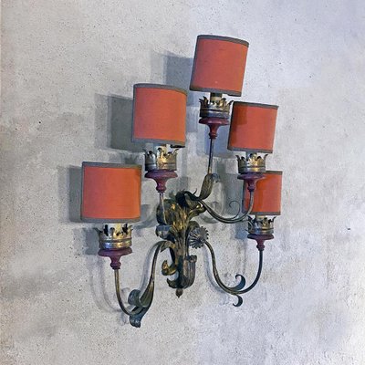 Baroque Style Italian Wall Lamp with Five Arms with Red Lampshades, 1950s-GDD-1097220