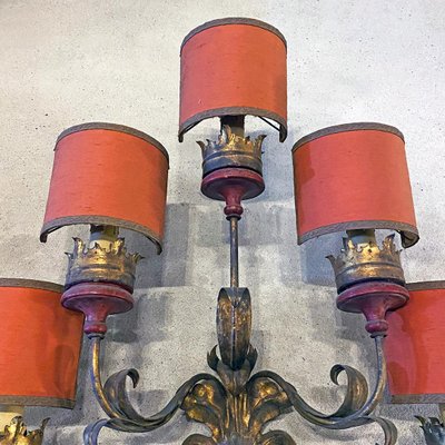 Baroque Style Italian Wall Lamp with Five Arms with Red Lampshades, 1950s-GDD-1097220