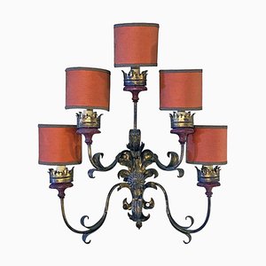 Baroque Style Italian Wall Lamp with Five Arms with Red Lampshades, 1950s-GDD-1097220