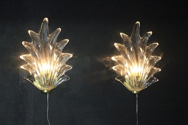 Barovier Clear Murano Glass Leaf and Brass Sconces, 2000s, Set of 2-YF-1427620