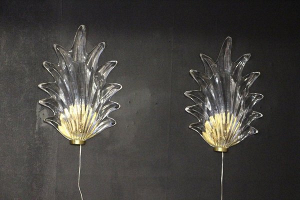 Barovier Clear Murano Glass Leaf and Brass Sconces, 2000s, Set of 2-YF-1427620