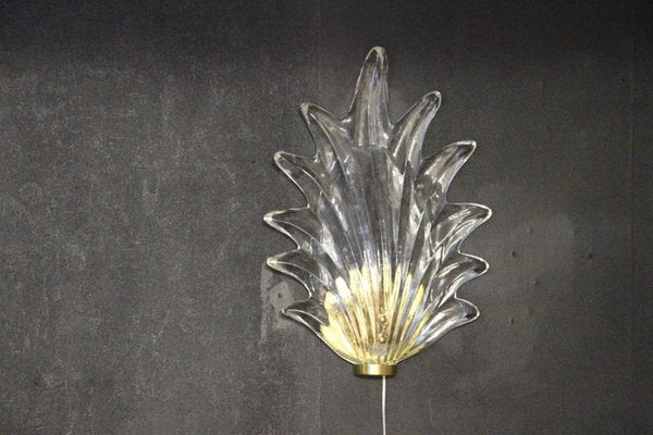 Barovier Clear Murano Glass Leaf and Brass Sconces, 2000s, Set of 2-YF-1427620