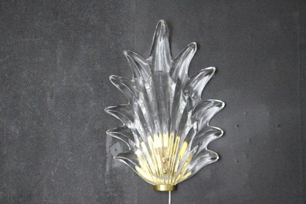 Barovier Clear Murano Glass Leaf and Brass Sconces, 2000s, Set of 2-YF-1427620