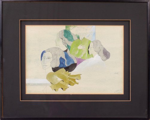 Bartolome Liarte Aparicio, Surreal Faces, 20th-Century, Watercolor on Paper, Framed-AOI-1106698