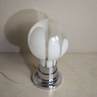 Basic Mazzega Style Table Lamp in Steel With Satin Glass Sphere, 1970s-JQO-1174990