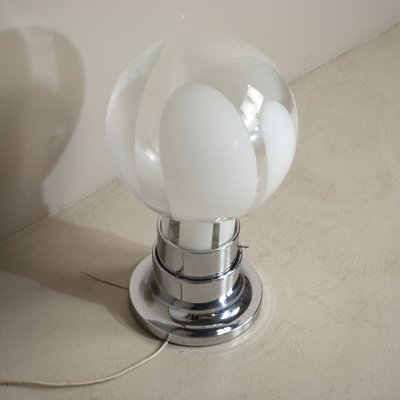 Basic Mazzega Style Table Lamp in Steel With Satin Glass Sphere, 1970s-JQO-1174990