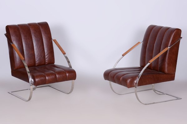 Bauhaus Armchairs in Leather, Nickel-Plating, Czech, 1920s , Set of 2-WHY-2042120