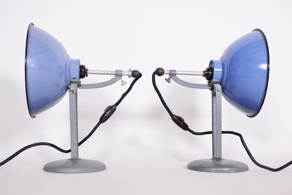 Bauhaus Blue Table Lamps in Enameled Steel attributed to Drupol, Bag Bronzewarenfabrik, Czech, 1930s, Set of 2-WHY-1778091