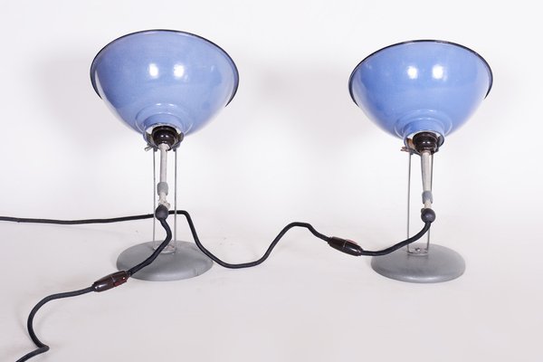 Bauhaus Blue Table Lamps in Enameled Steel attributed to Drupol, Bag Bronzewarenfabrik, Czech, 1930s, Set of 2-WHY-1778091