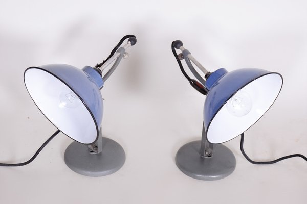 Bauhaus Blue Table Lamps in Enameled Steel attributed to Drupol, Bag Bronzewarenfabrik, Czech, 1930s, Set of 2-WHY-1778091