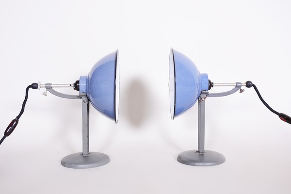 Bauhaus Blue Table Lamps in Enameled Steel attributed to Drupol, Bag Bronzewarenfabrik, Czech, 1930s, Set of 2-WHY-1778091