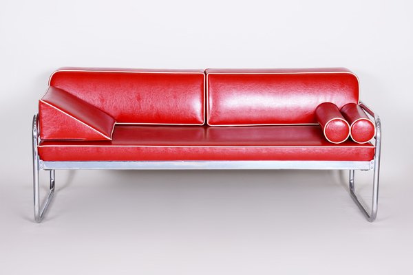 Bauhaus Czech Red Tubular Sofa in Chrome-Plated Steel & High Quality Leather attributed to Hynek Gottwald, Czech, 1930s-WHY-1776774