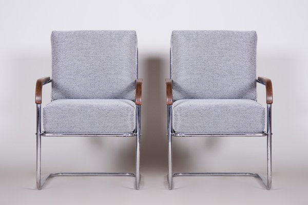 Bauhaus Grey Tubular Armchairs Chrome-Plated Steel & New Upholstery attributed to Mücke Melder, Czech, 1930s, Set of 2-WHY-1772631