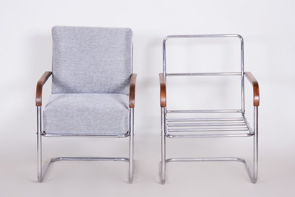 Bauhaus Grey Tubular Armchairs Chrome-Plated Steel & New Upholstery attributed to Mücke Melder, Czech, 1930s, Set of 2-WHY-1772631