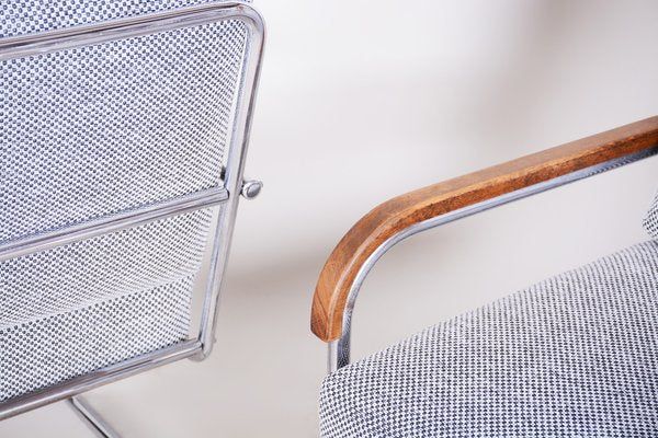 Bauhaus Grey Tubular Armchairs Chrome-Plated Steel & New Upholstery attributed to Mücke Melder, Czech, 1930s, Set of 2-WHY-1772631