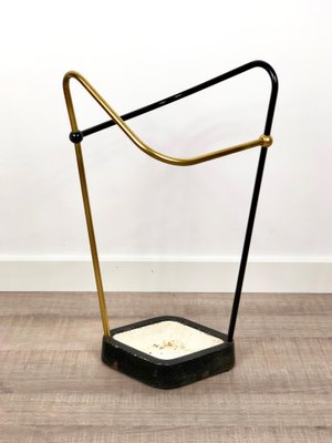 Bauhaus Iron, Brass, Aluminium Umbrella Stand, Germany, 1950s-LYQ-1171780