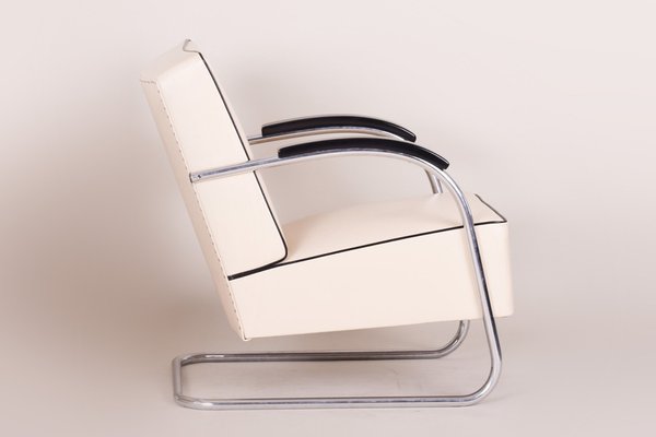 Bauhaus Ivory Tubular Armchair in Leather from Mücke-Melder, 1930s-WHY-1768653