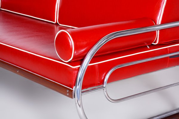 Bauhaus Red Sofa in Chrome-Plated Steel & High Quality Leather attributed to Robert Slezák, Czech, 1930s-WHY-1777964