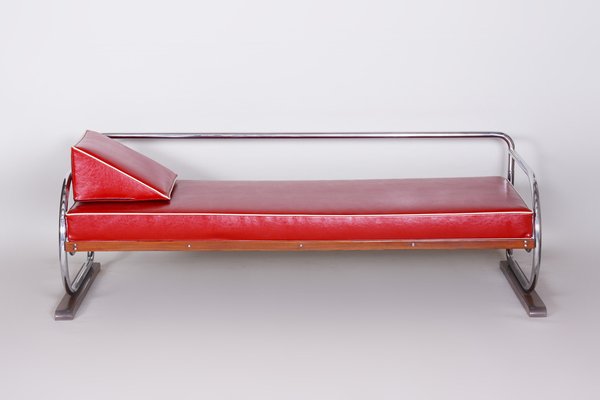 Bauhaus Red Sofa in Chrome-Plated Steel & High Quality Leather attributed to Robert Slezák, Czech, 1930s-WHY-1777964