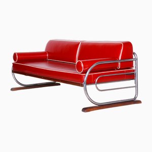 Bauhaus Red Sofa in Chrome-Plated Steel & High Quality Leather attributed to Robert Slezák, Czech, 1930s-WHY-1777964