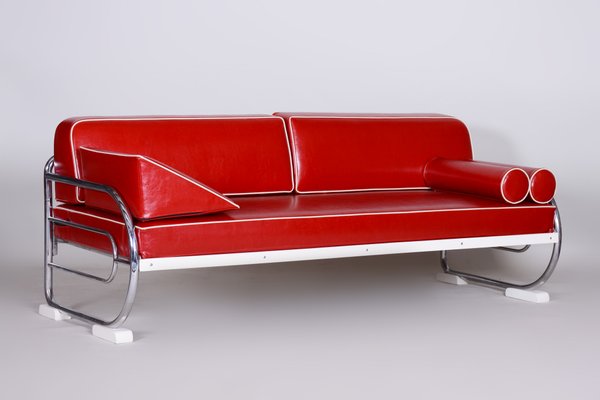 Bauhaus Red Tubular Chromed Steel Sofa from Robert Slezák, 1930s-WHY-655722