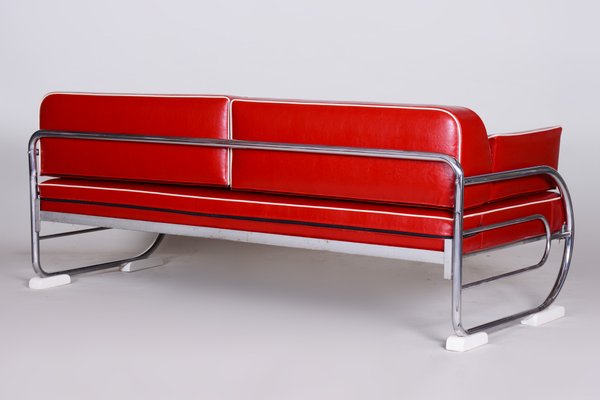 Bauhaus Red Tubular Chromed Steel Sofa from Robert Slezák, 1930s-WHY-655722